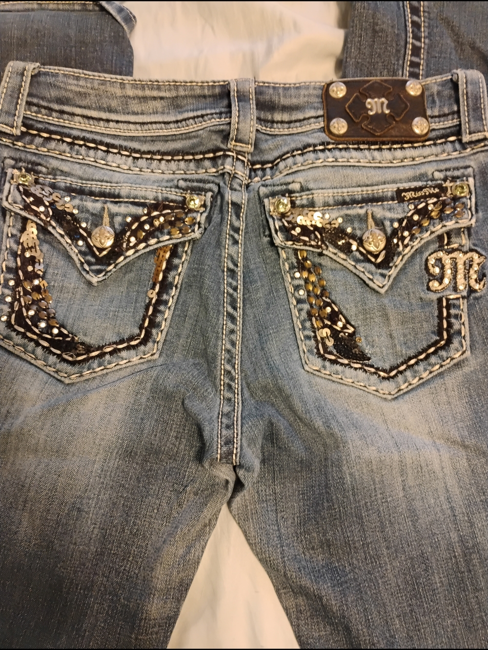 Miss Me Light Wash Denim Bootcut Jeans with Gold & Silver Sequin Pocket Detail
